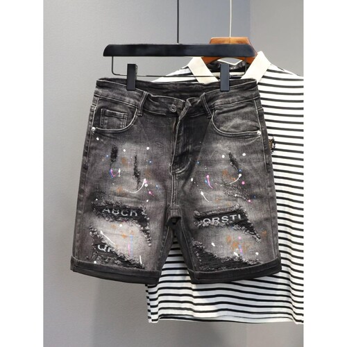 2025春夏新款D2潮男水洗磨破洞补丁泼墨修身小脚灰黑色牛仔短裤男