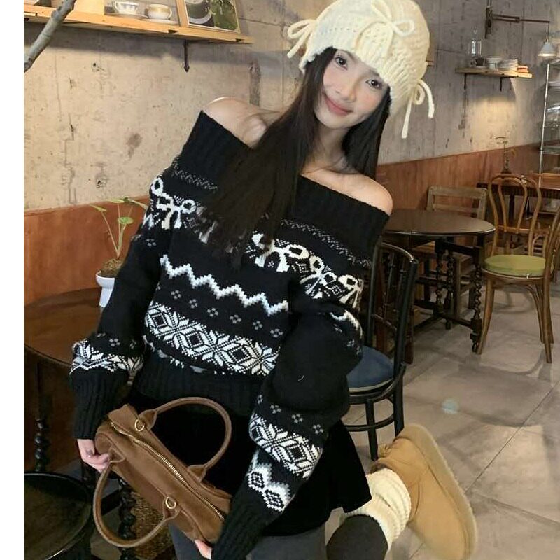 提花费尔岛针织毛衣女秋季新款宽松显瘦短款露肚脐一字肩上衣