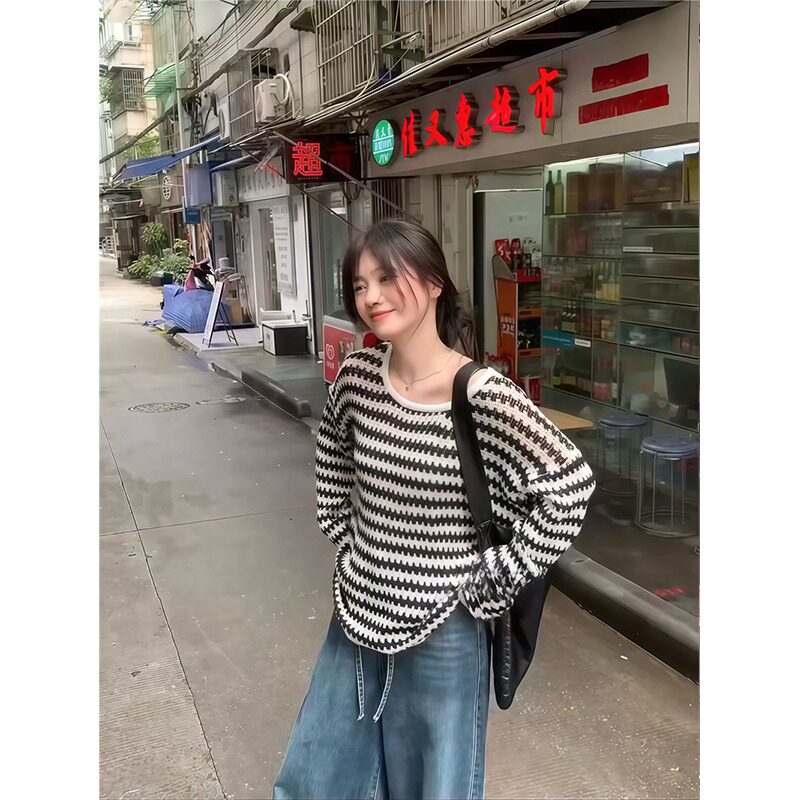 kumikumi设计感撞色条纹圆领针织衫女装秋季小众百搭宽松显瘦上衣图片