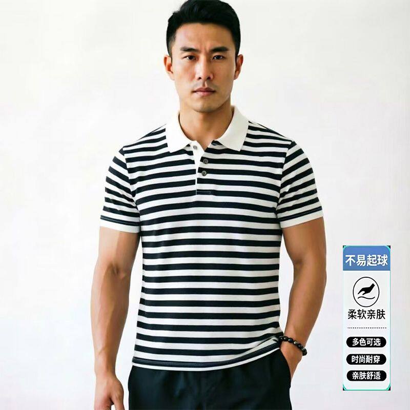 夏季新款条纹男士短袖POLO衫休闲菠萝纹T恤时尚宽松翻领男装