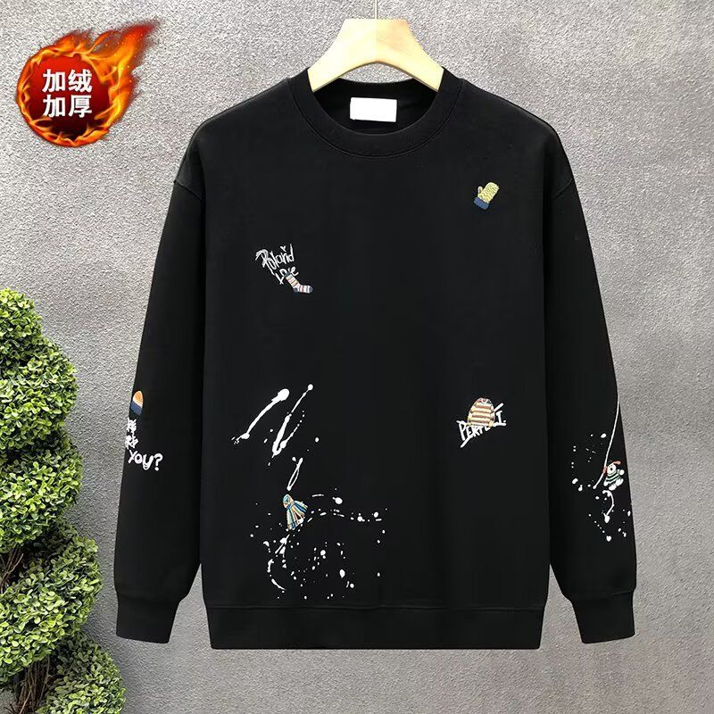 秋季新款高级感刺绣涂鸦印花圆领卫衣男潮流百搭休闲外套加绒上衣