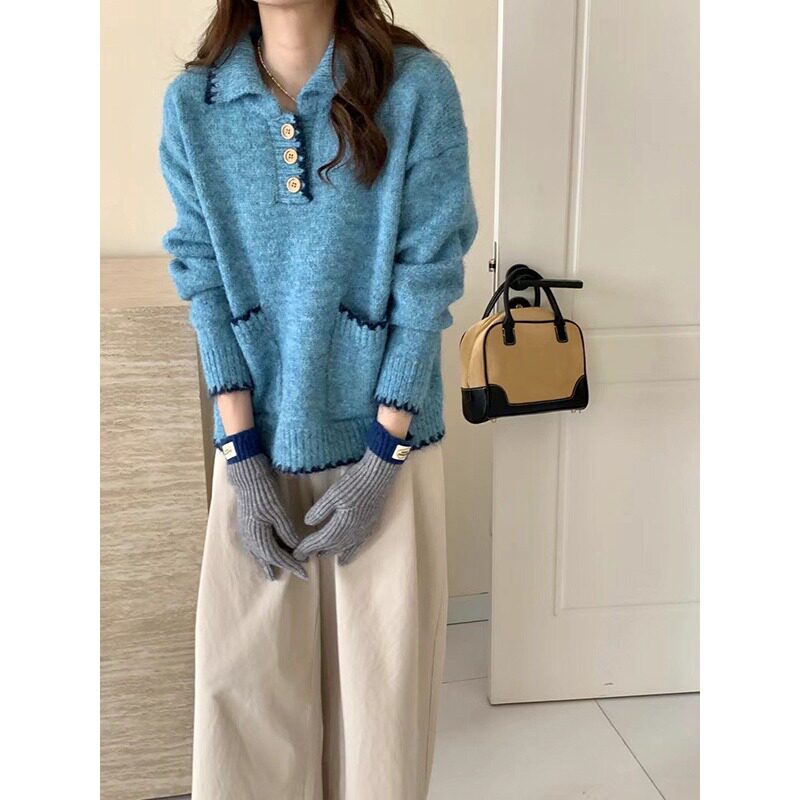 韩系复古撞色娃娃翻领毛衣女慵懒高级感春秋季新款针织衫气质软糯