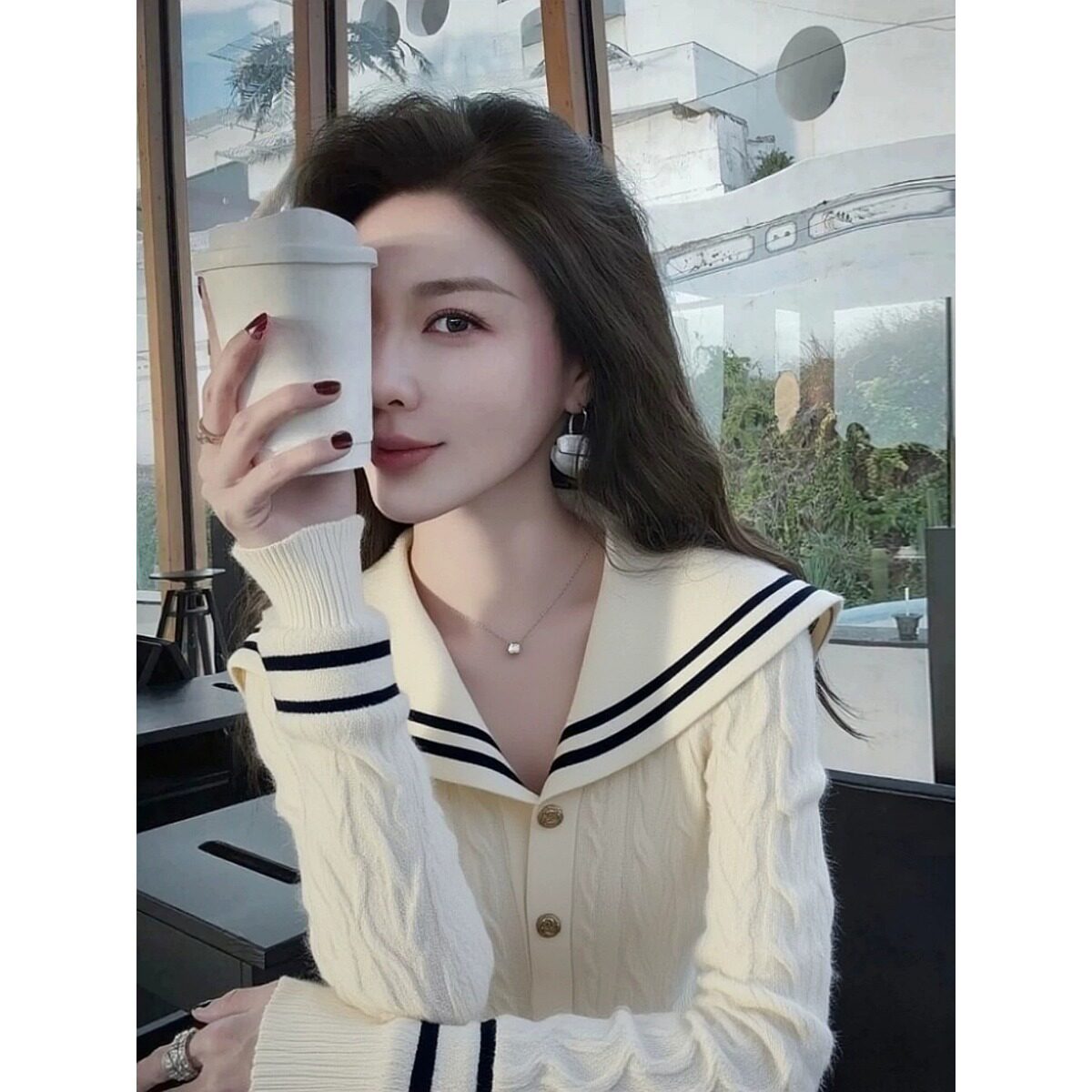包芯纱白色大翻领针织毛衣女秋季新款小众轻熟气质开衫百搭上