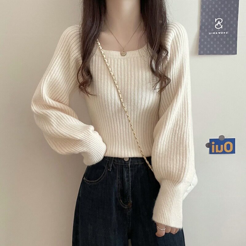 法式小众方领毛衣女内搭秋冬别致短款灯笼袖上衣方领针织打底衫女
