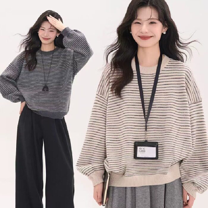 慵懒风圆领条纹针织衫女秋冬2026新款韩版宽松套头高级感毛衣上衣