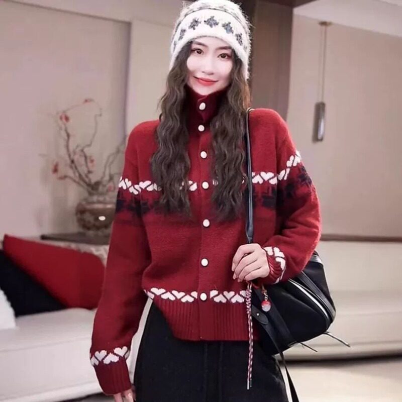 洗水费尔岛风高领外套女秋冬复古提花减龄针织衫上衣