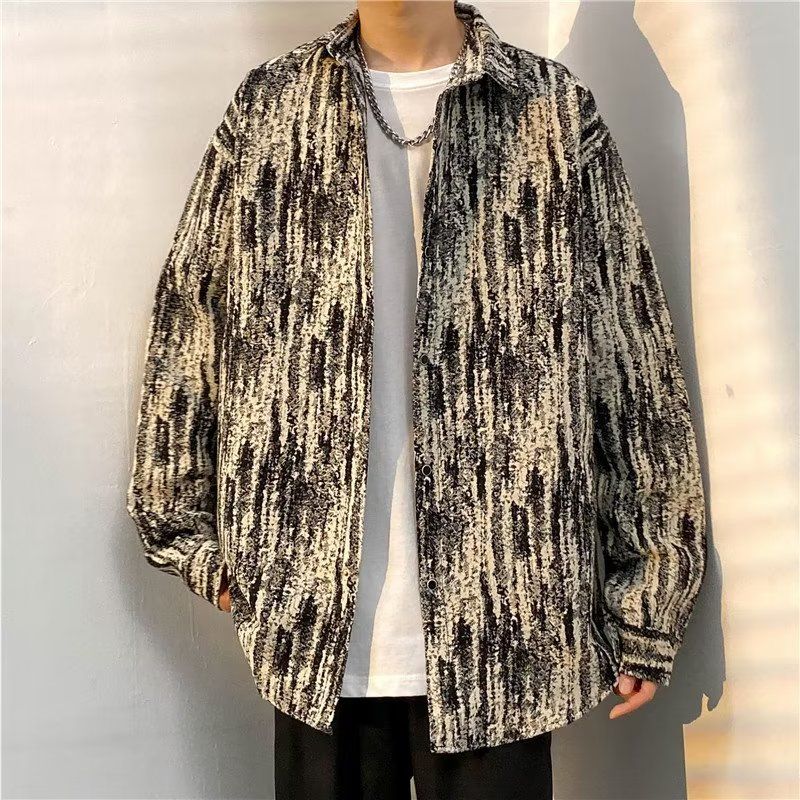 港风bf扎染长袖衬衫男高街设计感痞帅衬衣秋冬季潮流休闲情侣外套