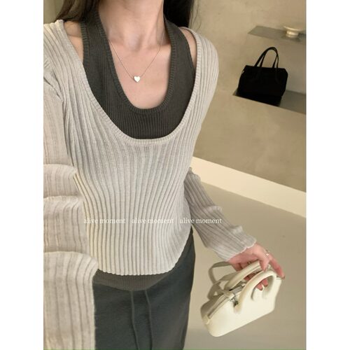 6羊毛洗水秋季新款韩版时尚百搭休闲修身假两件撞色针织衫女
