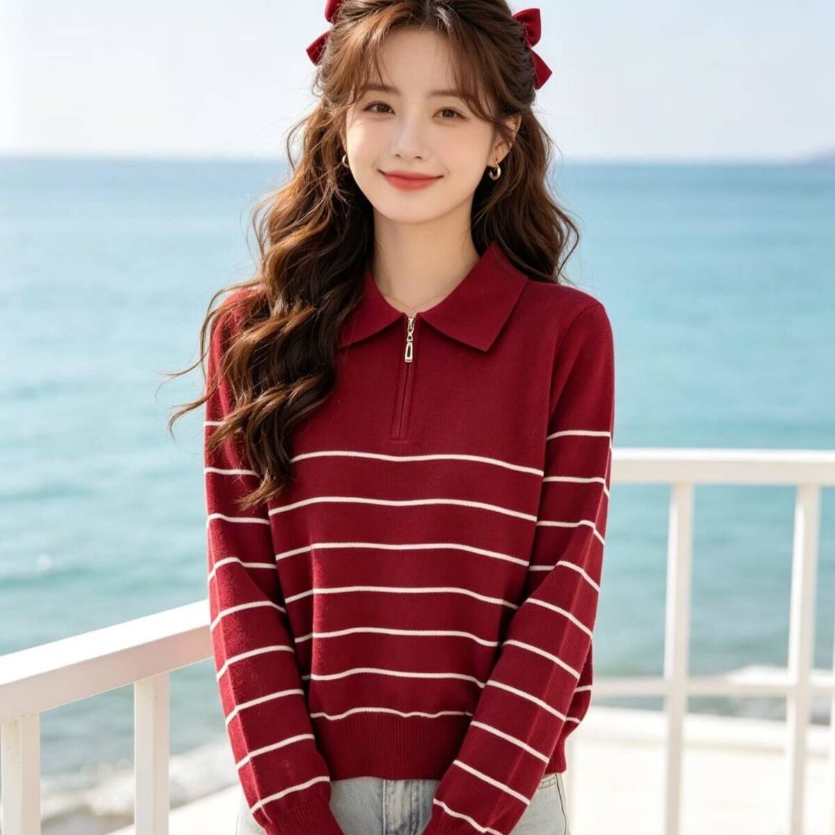 韩国chic秋冬法式减龄拉链半开POLO领长袖条纹针织衫女打底衫上衣