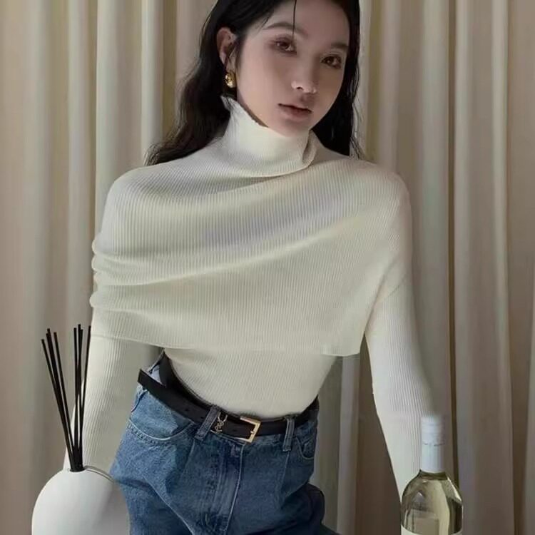包芯纱洗水披肩毛衣两件套女设计感气质高领叠穿斗篷打底衫套