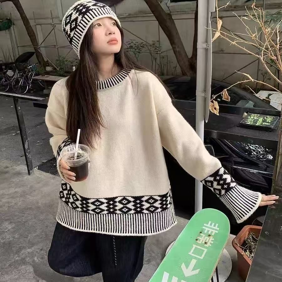 秋冬撞色复古毛衣女圆领新款提花宽松套头慵懒百搭针织衫上衣