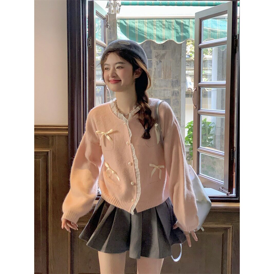 甜美粉色花边拼接毛衣开衫女秋季2026新款蝴蝶结宽松短款针织上衣