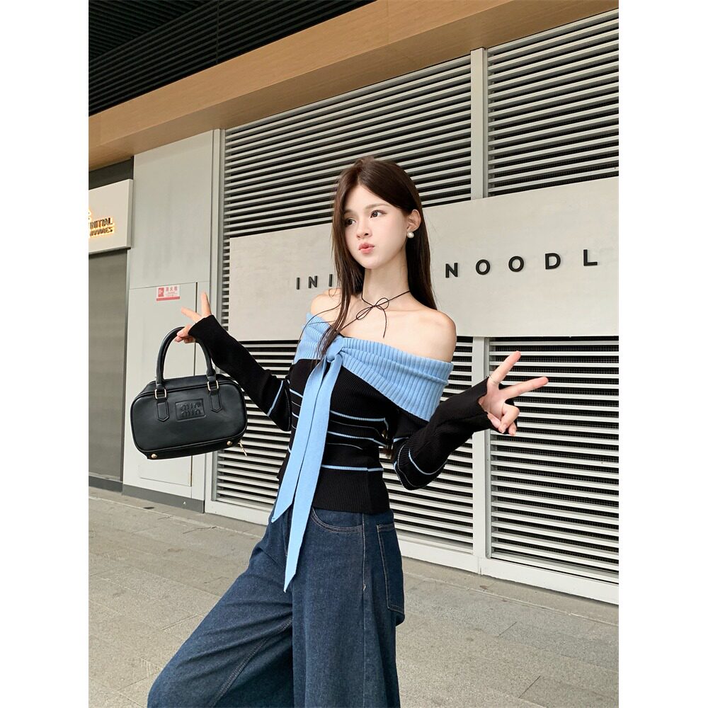 冰爽丝设计感撞色条纹一字肩针织衫女早秋软糯修身短款露肩上
