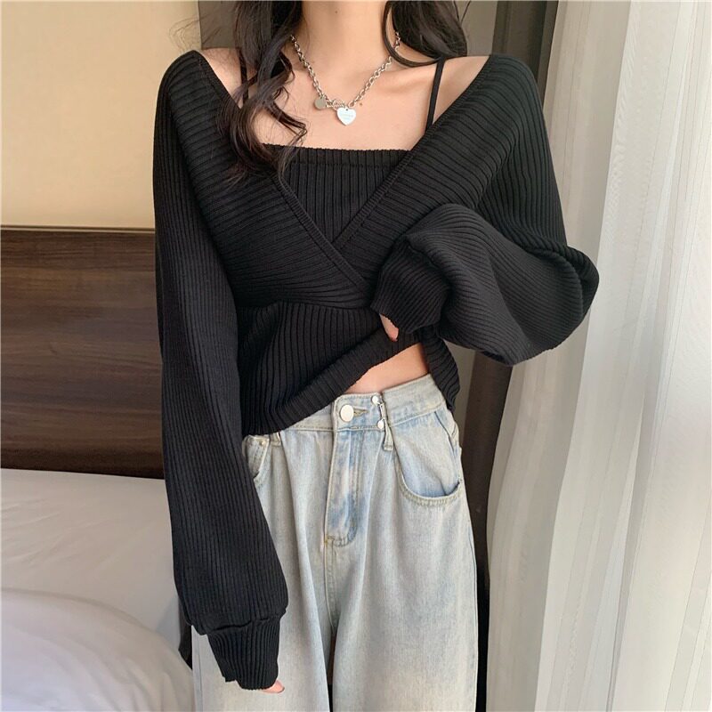 丝光棉针织针织衫上衣女春秋季薄款新款设计感假两件毛衣
