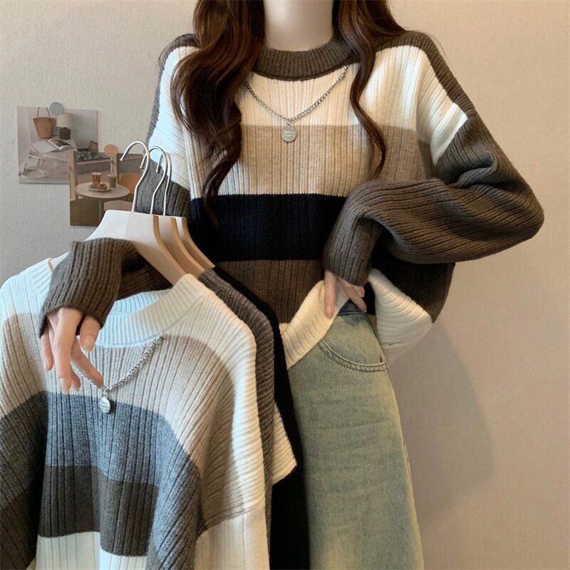 品质复古撞色条纹毛衣女秋冬新款日系慵懒软糯套头宽松上衣