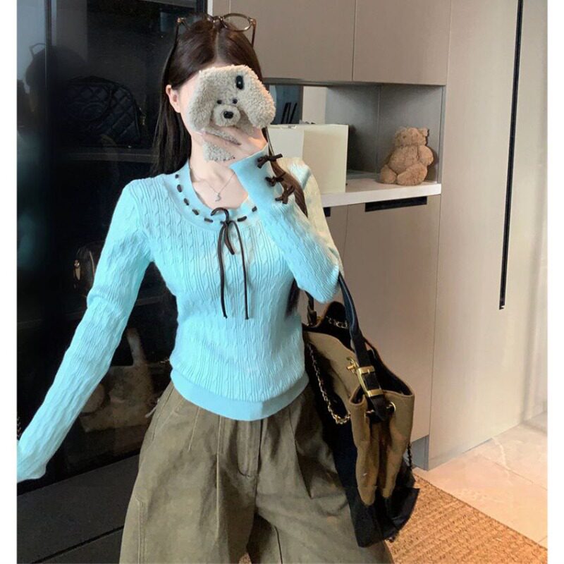 甜美软糯鹅黄色毛衣针织衫女春季新款修身蝴蝶结设计感小众上衣潮