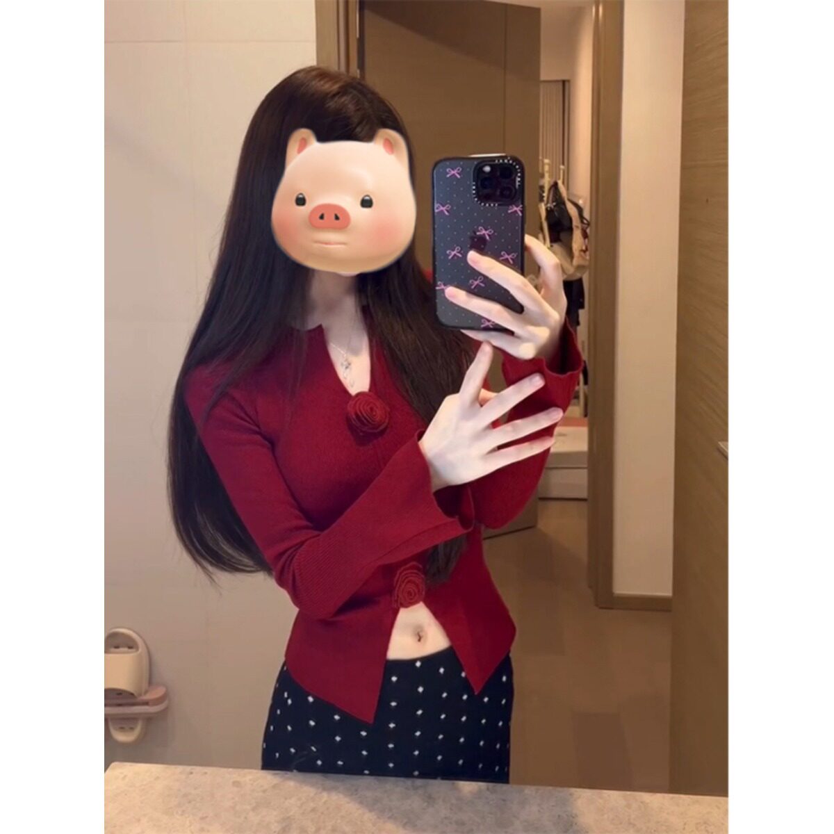 包芯纱纯欲风红色立体花朵开叉针织上衣女新款修身显瘦打底毛