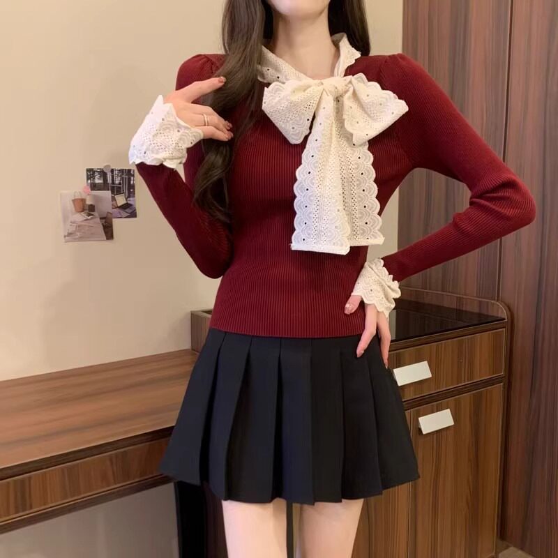 蝴蝶结针织毛衣女秋冬修身内搭打底衫氛围感穿搭上衣