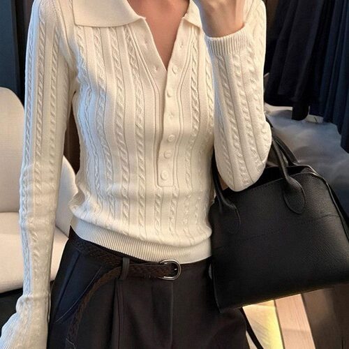 韩系白色麻花polo领针织翻领上衣女春秋老钱风修身毛衣内搭打底衫