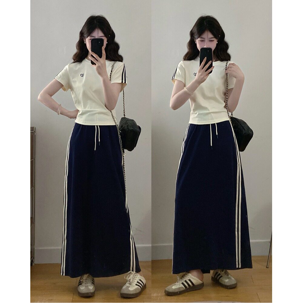 月朵依大码女装~夏季新款休闲运动短袖T恤+高腰半身裙两件套装