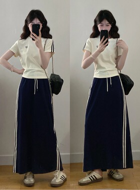 月朵依大码女装~夏季新款休闲运动短袖T恤+高腰半身裙两件套装