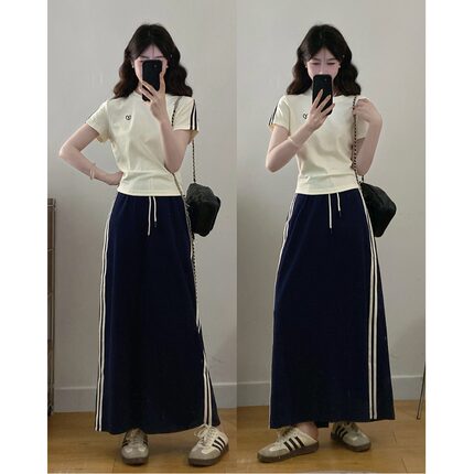 月朵依大码女装~夏季新款休闲运动短袖T恤+高腰半身裙两件套装