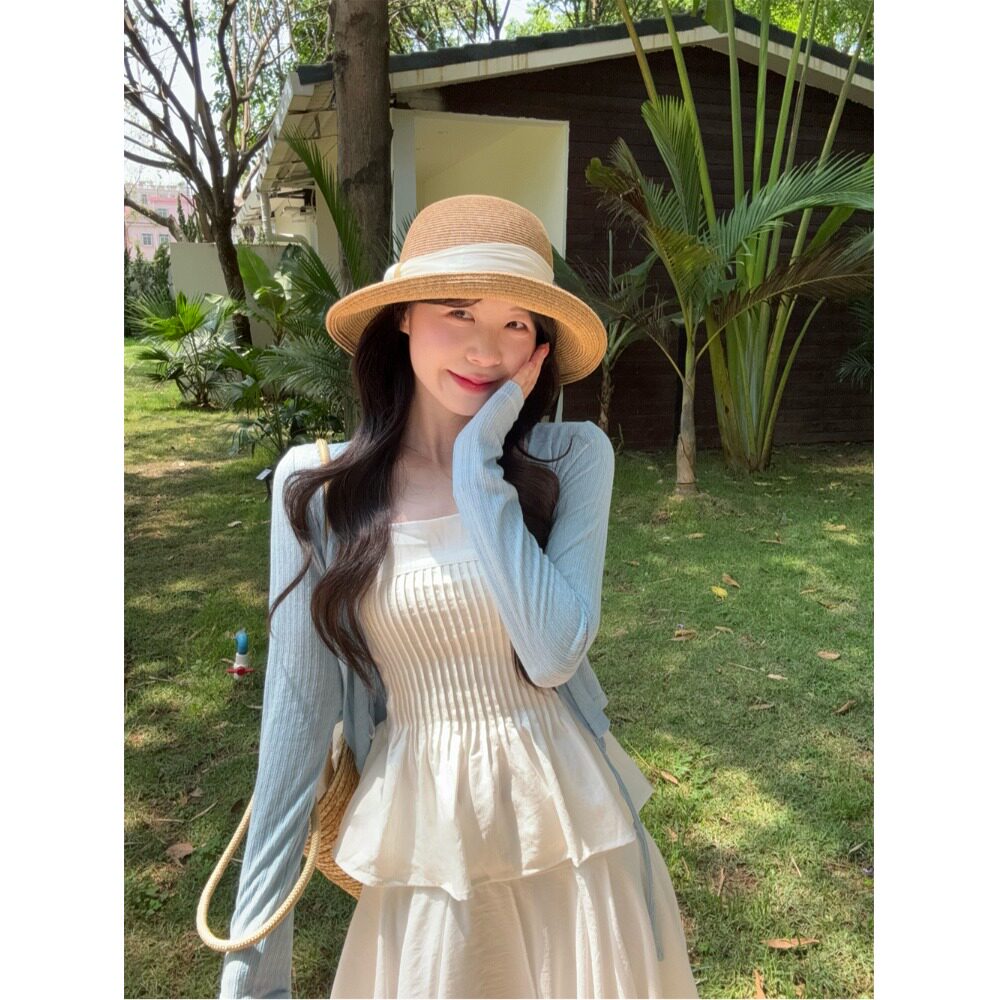月朵依大码女装~夏季法式甜美荷叶边蛋糕半身裙+吊带+开衫三件套