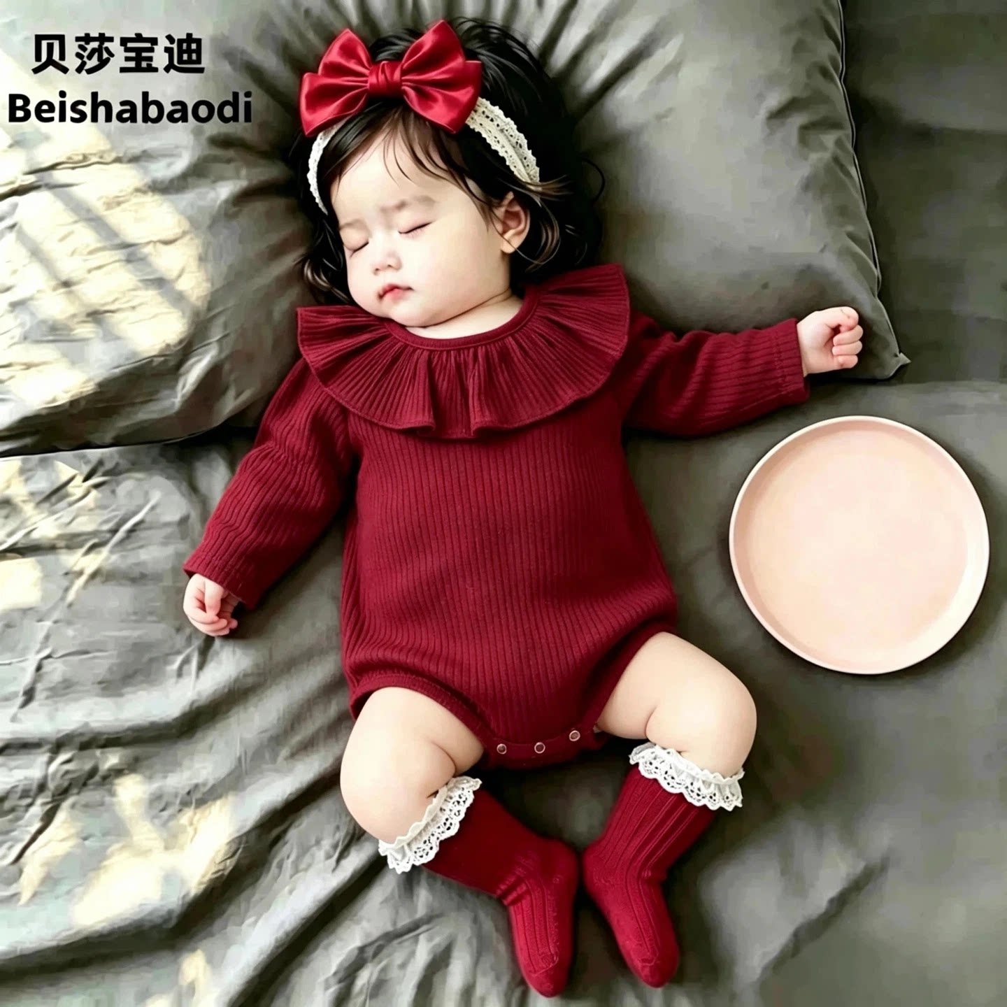 英国女宝宝衣服春秋红色哈衣洋气婴儿秋装女宝百日宴礼服秋连体衣图片