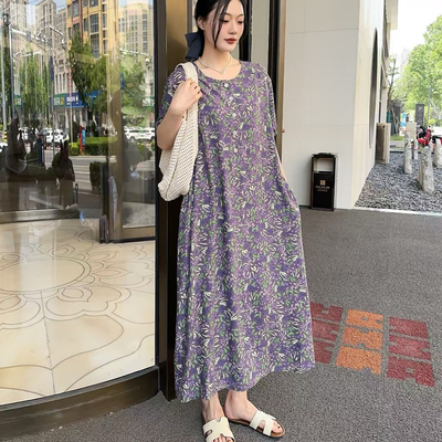 夏季人造棉连衣裙女宽松显瘦碎花长裙高雅气质遮肚显瘦棉绸薄裙子