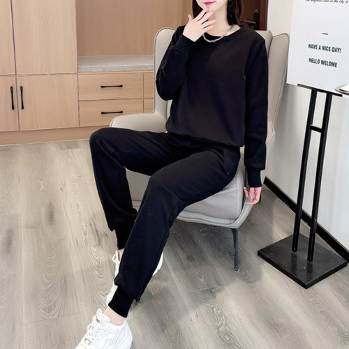2024秋冬新款套头卫衣女两件宽松显瘦短外套休闲加绒加厚运动套装