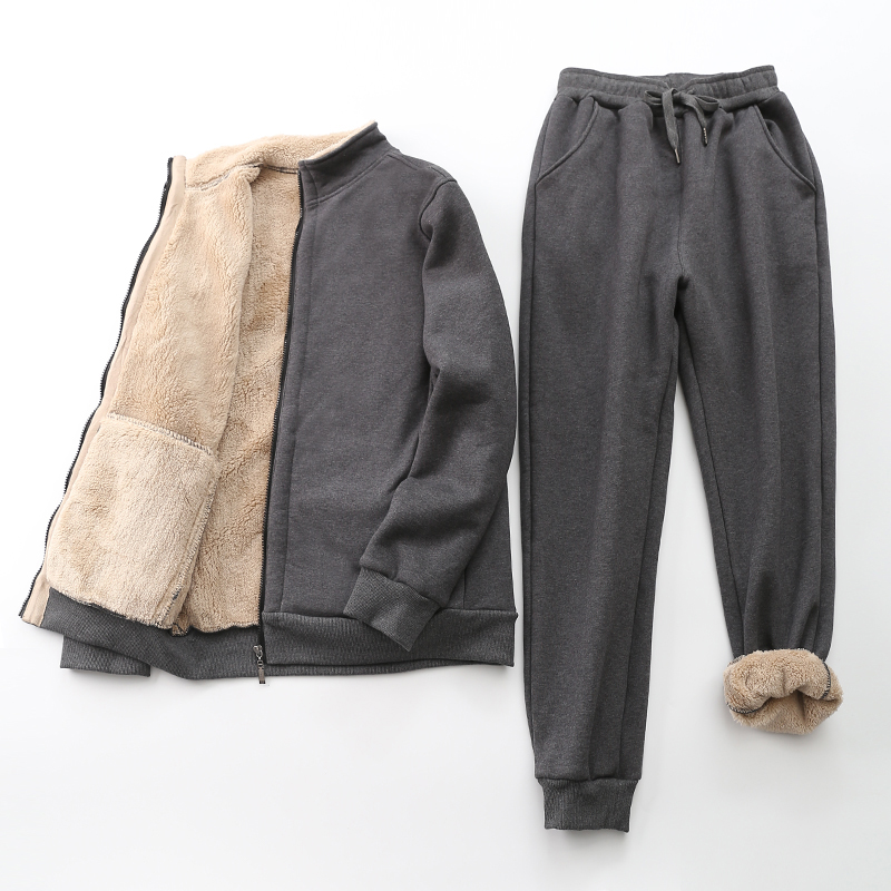 加绒加厚套装男秋冬宽松保暖运动服爸爸款中老年人卫衣棉裤两件套