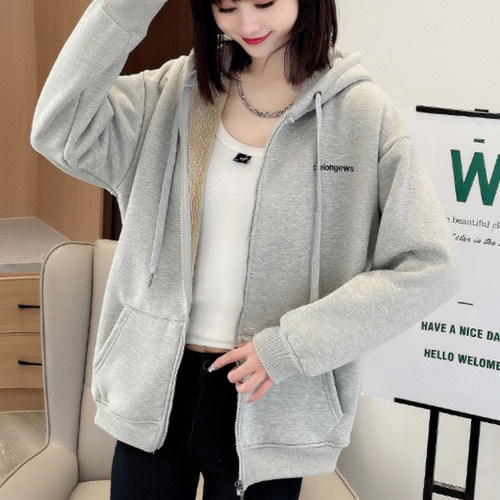 2024新款加绒加厚拉链外套女秋冬羊毛运动短款宽松连帽羊羔绒卫衣