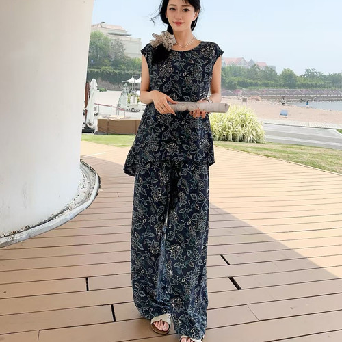夏季人造棉套装女时尚宽松显瘦设计感棉绸圆领背心阔腿裤两件套薄