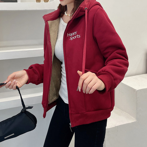 加绒加厚卫衣外套女2024秋冬季新款宽松休闲短外套羊羔绒拉链开衫