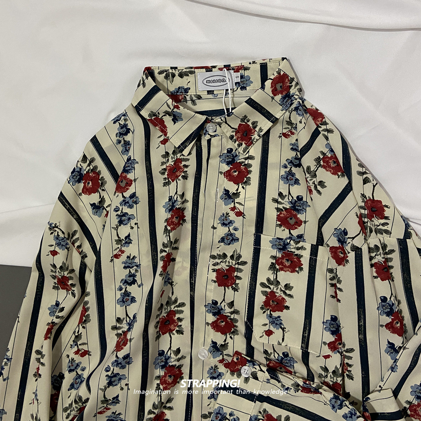 STRAPPING竖条纹田园碎花长袖花衬衫港风复古日系男女痞帅春秋