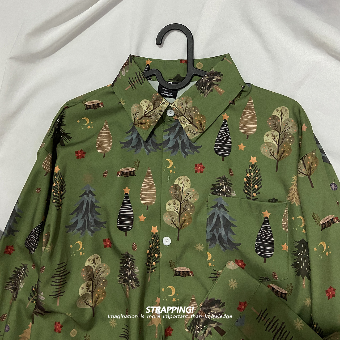 STRAPPING圣诞风美式植物碎花长袖衬衫港风复古日系男女痞帅秋