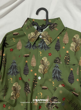 STRAPPING圣诞风美式植物碎花长袖衬衫港风复古日系男女痞帅秋