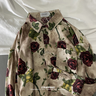 STRAPPING玫瑰植物花卉碎花长袖花衬衫港风复古日系男女痞帅春秋