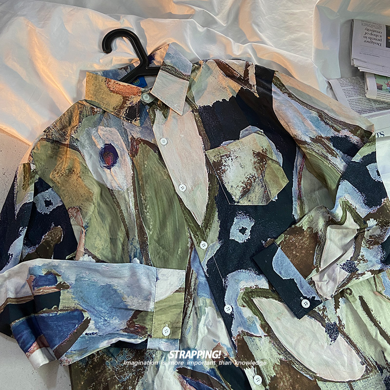 STRAPPING北欧油画抽象长袖花衬衫港风复古vintage日系男女痞帅秋