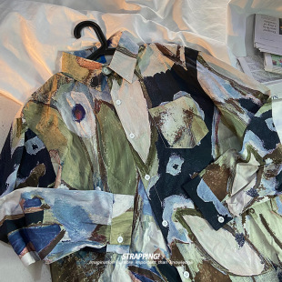 STRAPPING北欧油画抽象长袖 港风复古vintage日系男女痞帅秋 花衬衫