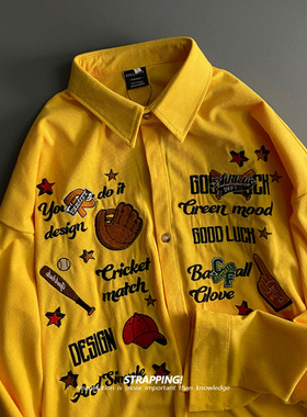 STRAPPING棒球刺绣美式灯芯绒长袖衬衫港风复古日系男女痞帅春秋