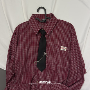 STRAPPING学院风小格子领带INS全棉长袖衬衫港风复古日系男女春秋