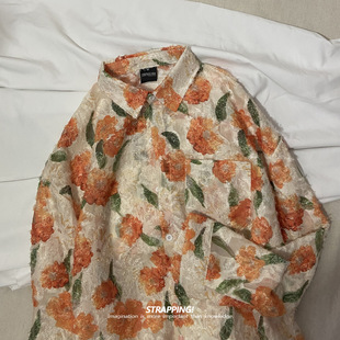 STRAPPING橘红花卉碎花提花勾线长袖花衬衫韩版复古日系男女春秋