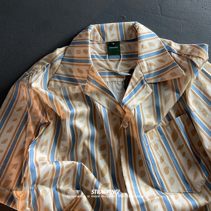 美式条纹古巴领短袖花衬衫