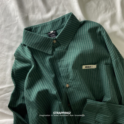 STRAPPING全棉竖条纹INS基础咔叽长袖衬衫港风复古日系男女春秋