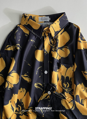 #黑底黄色花卉碎花长袖花衬衫港风复古日系OS男女痞帅秋季
