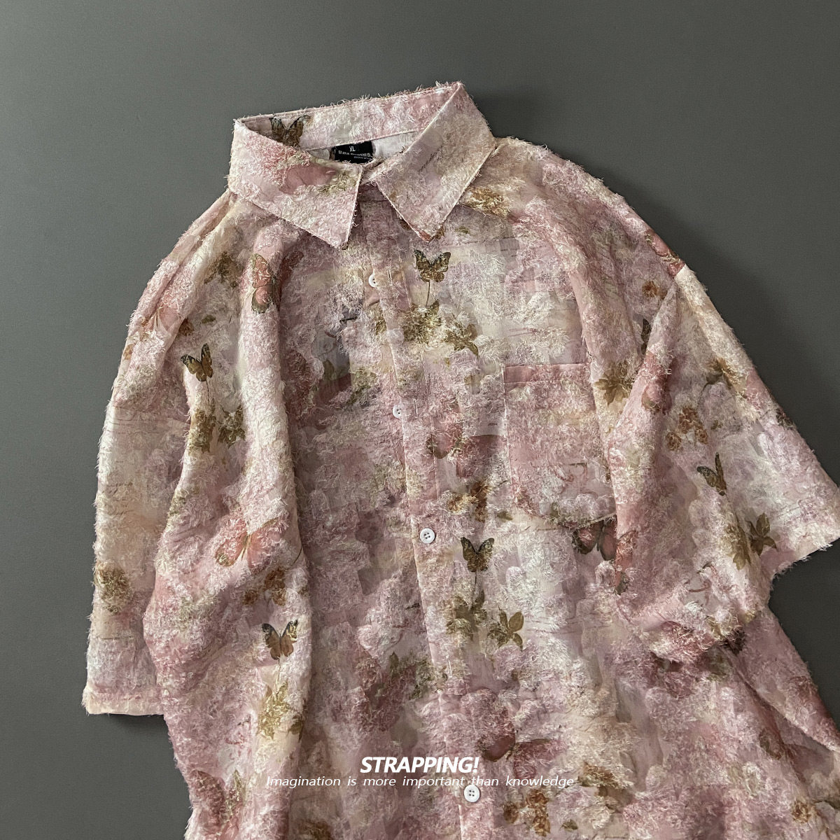 STRAPPING粉色蝴蝶碎花半透短袖花衬衫男女复古日系港风宽松绣花