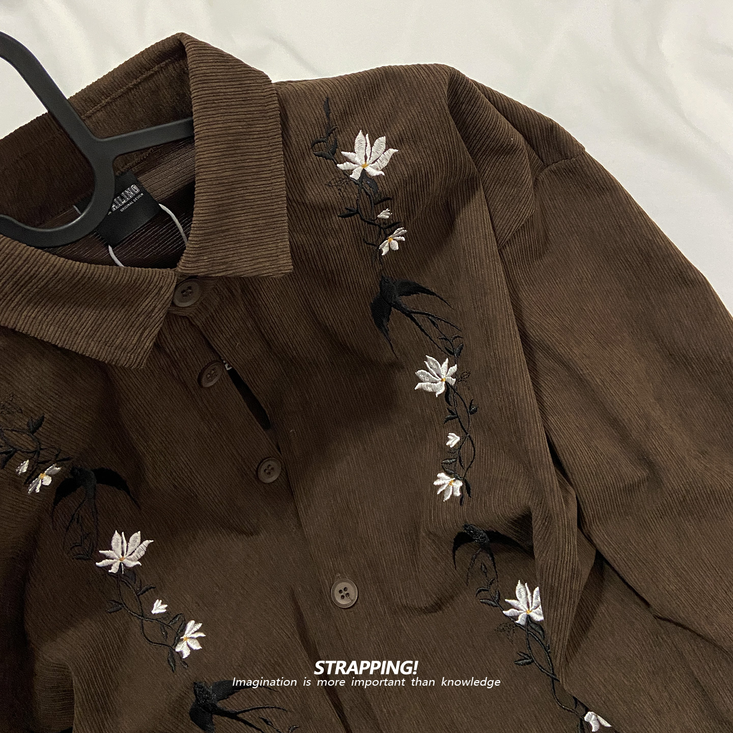 STRAPPING燕子田园绣花涤纶长袖衬衫男女日系复古港风潮流街头