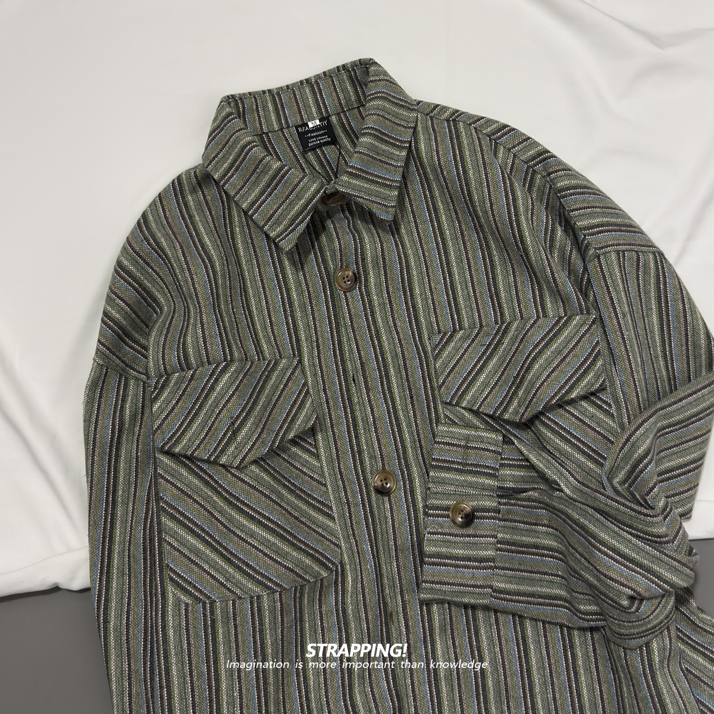 STRAPPING口袋工装竖条纹咔叽街头长袖衬衫港风复古日系男女春秋