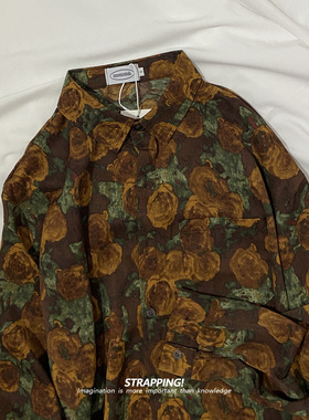 STRAPPING棕色老式花卉碎花长袖花衬衫港风复古日系男女痞帅春秋